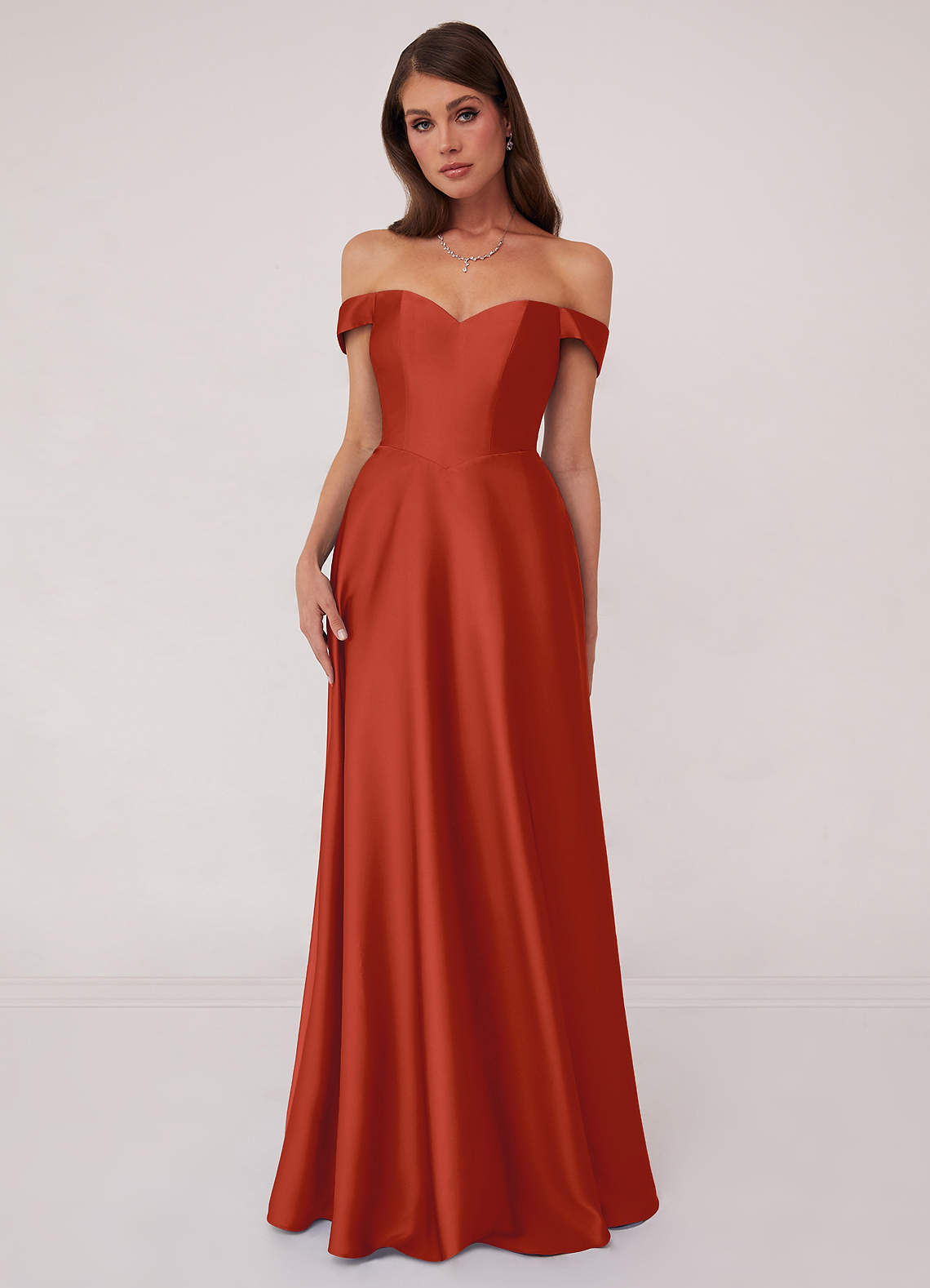 Barbie ♥ Azazie Bridesmaid Dresses Rust A-Line Off the Shoulder Stretch Satin Convertible Dress image1