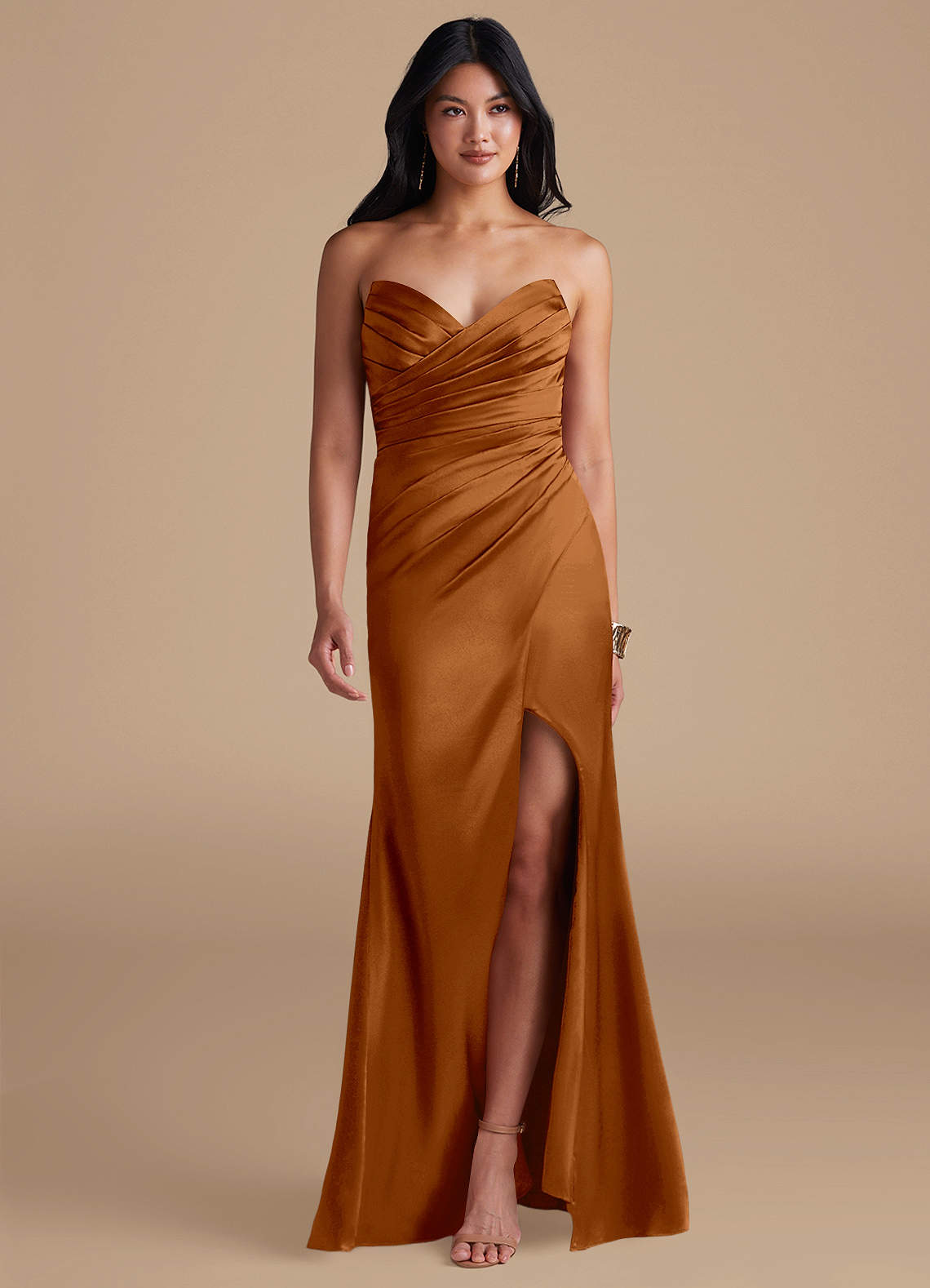 Azazie Yola Bridesmaid Dresses Copper Sheath Pleated Metallic Satin Dress image1