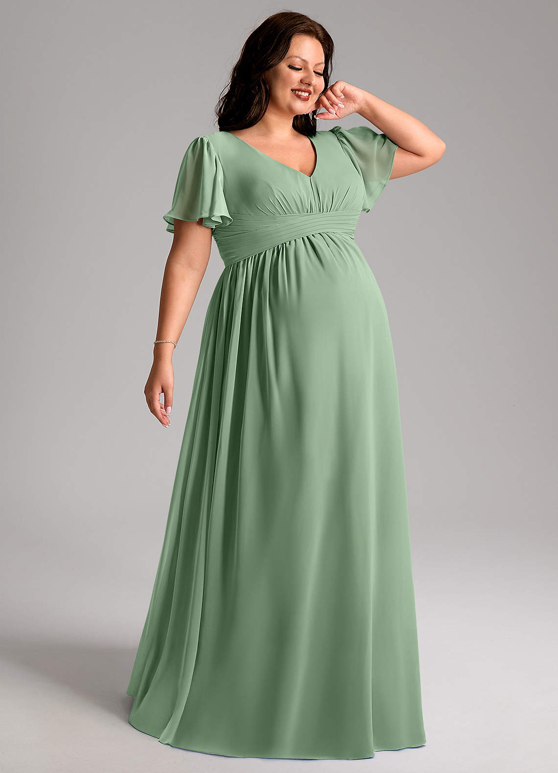 Azazie Verna Maternity Bridesmaid Dresses A-Line V-Neck Ruched Chiffon Floor-Length Dress image6