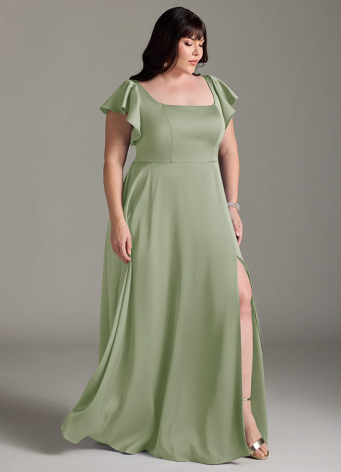 Azazie Bondi Vestidos de madrinha de casamento Vestir Dusty Sage de Cetim elástico de Linha A com Arco image9