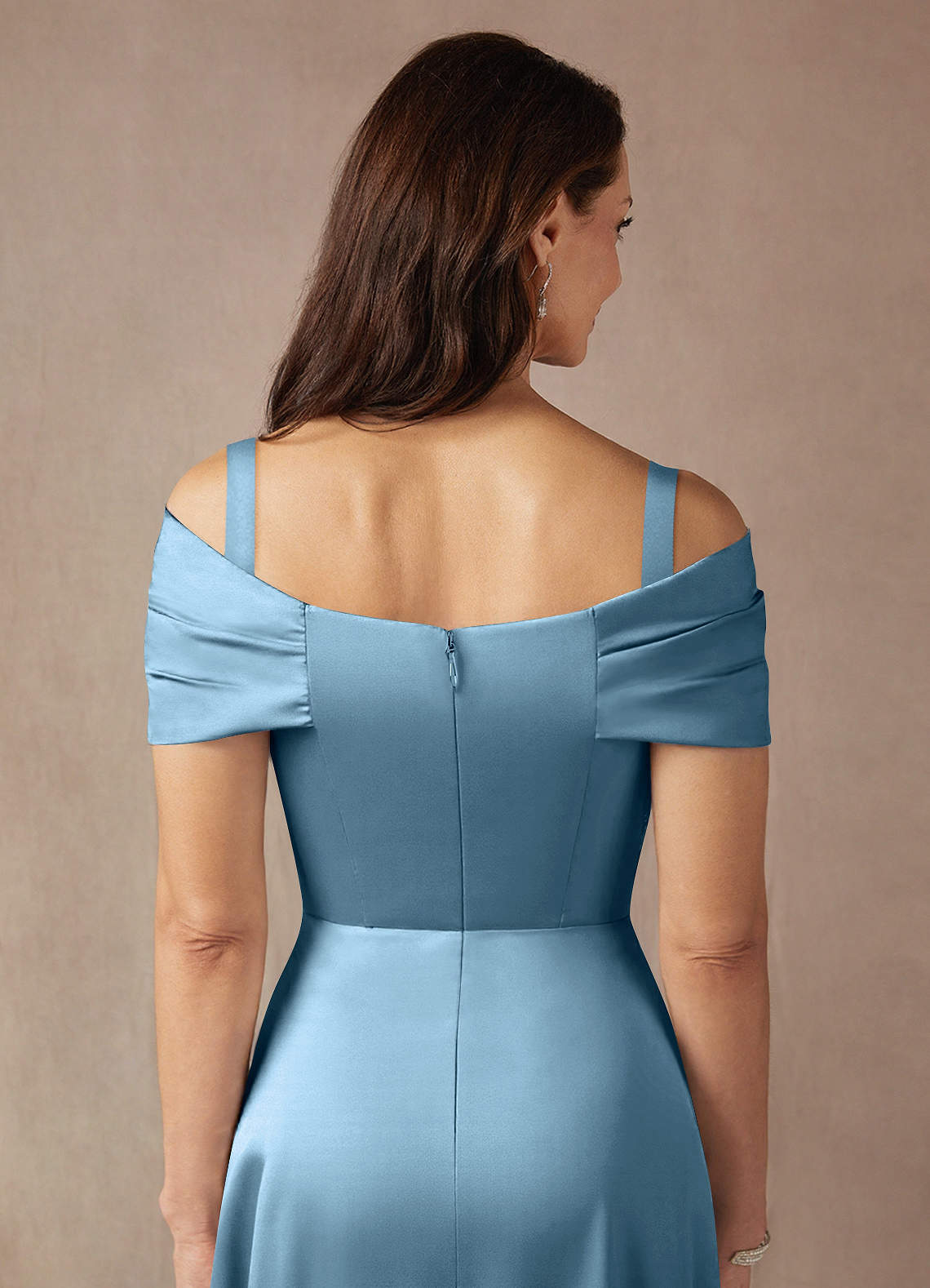 Azazie Amelia Mother of the Bride Dresses Steel Blue A-Line Off the Shoulder Stretch Satin Dress image6