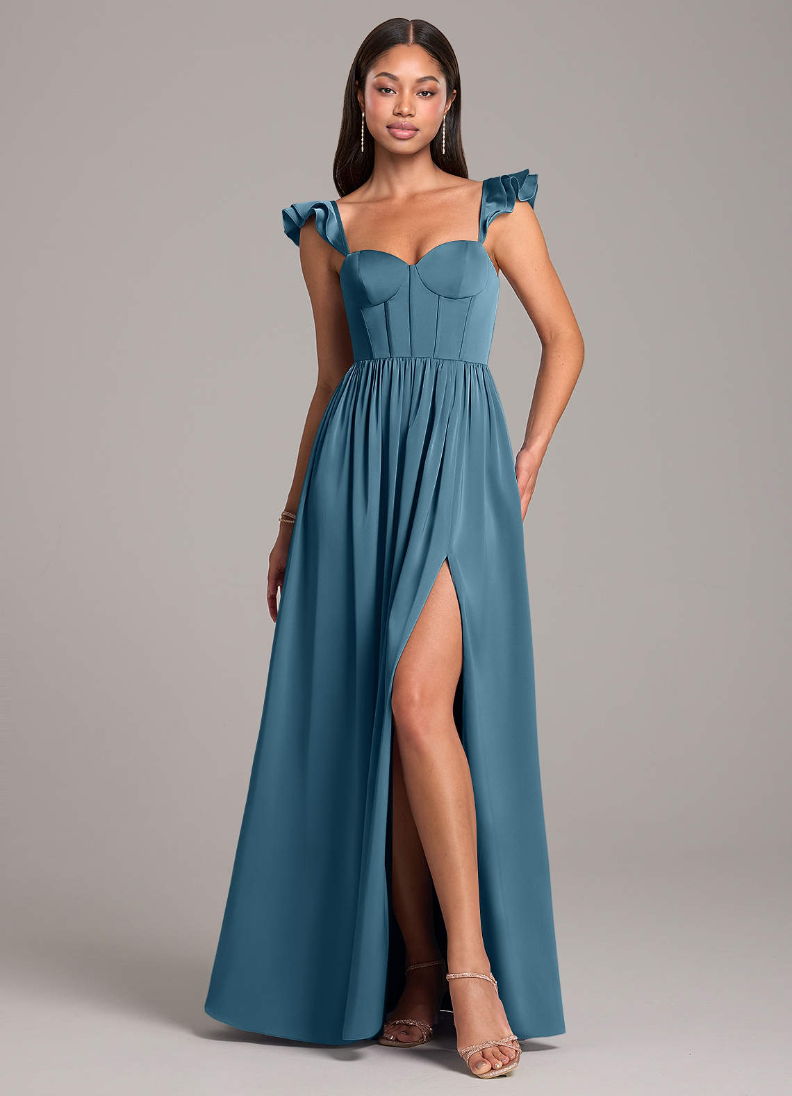 Azazie Denisse Bridesmaid Dresses Bermuda A-Line Ruched Stretch Satin Dress image1