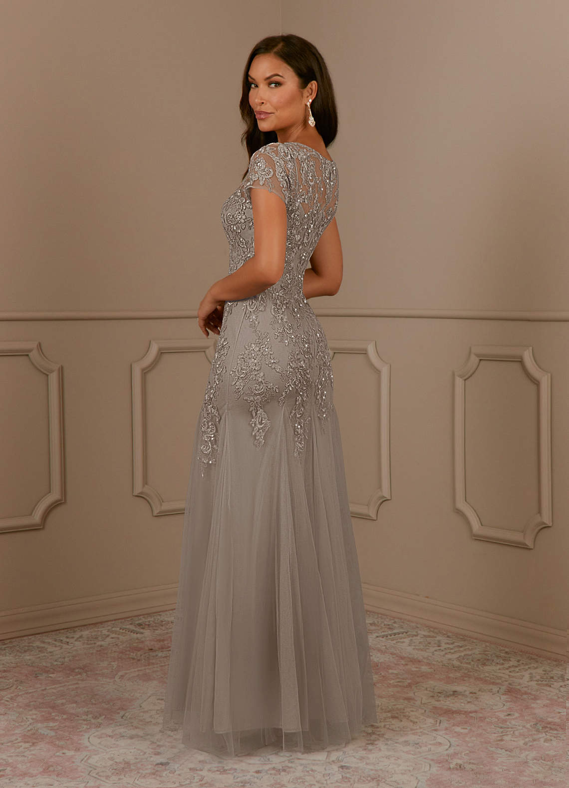 Azazie Laurie Taupe Mermaid Scoop Sequins Tulle Dress Sample Dress