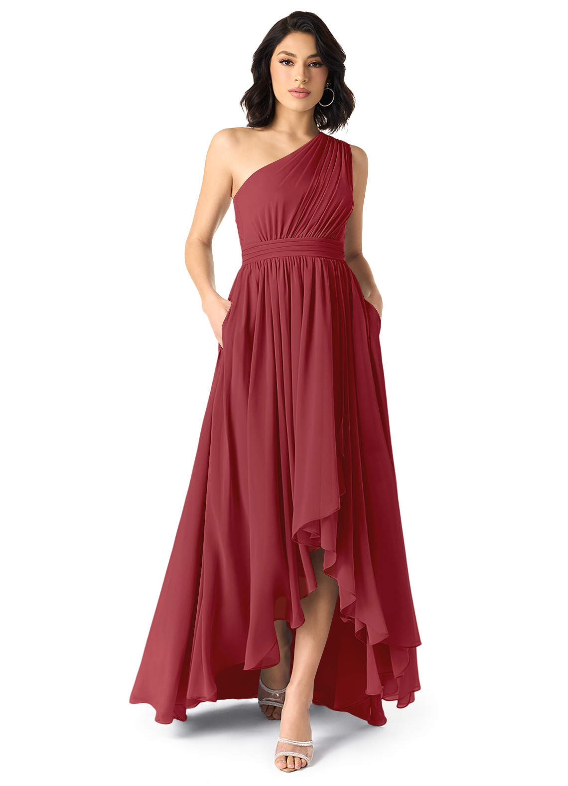 Azazie Mathilda Bridesmaid Dresses Pomegranate A-Line One Shoulder Chiffon Dress image1