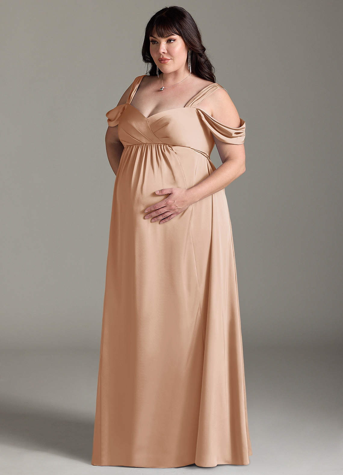 Azazie Rhea Maternity Bridesmaid Dresses A-Line Off-The-Shouler Pleated Stretch Satin Floor-Length Dress image10
