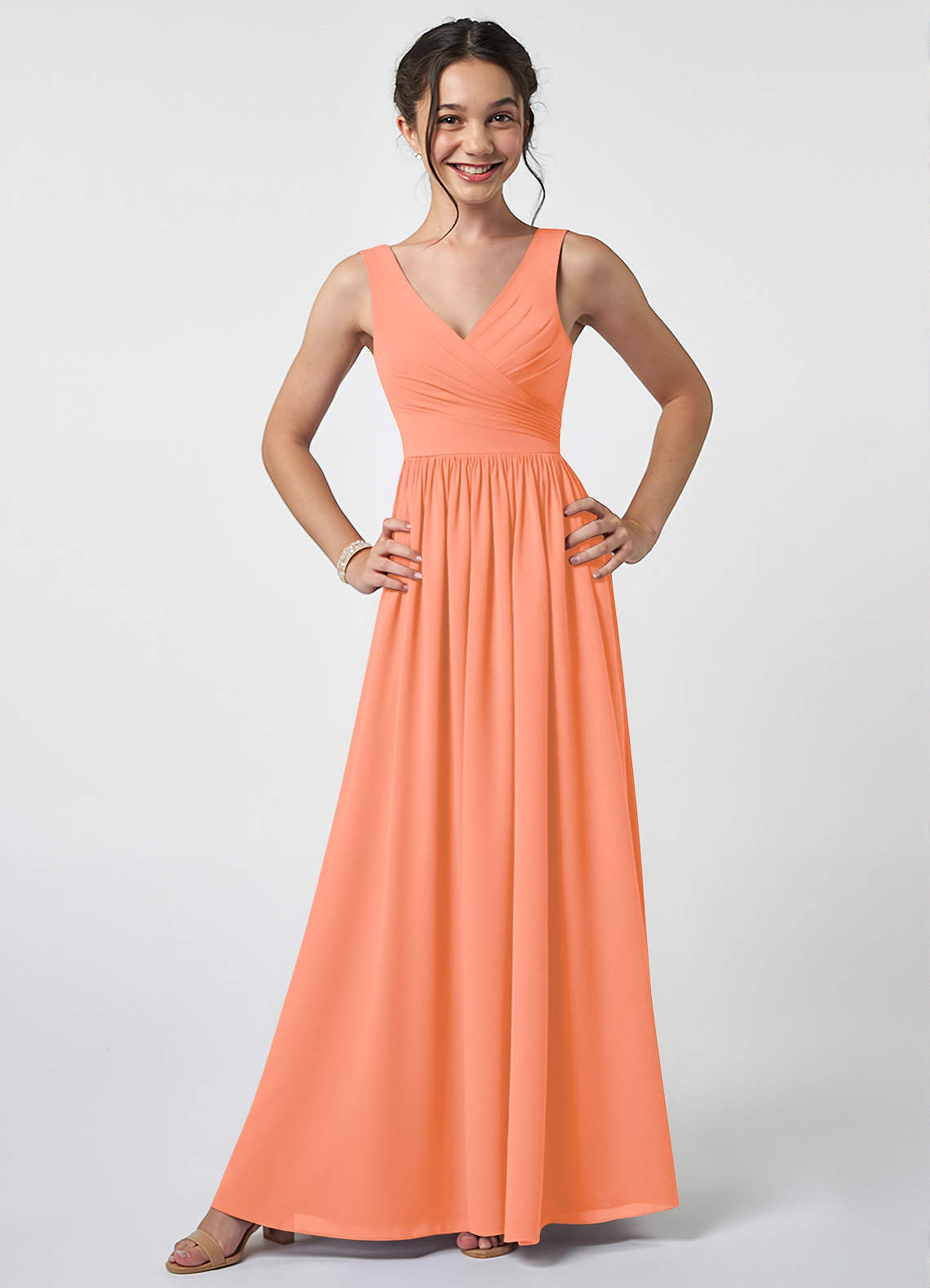 Azazie Keyla Junior A-Linie Plissee Chiffon Kleid Sonnenuntergang image1
