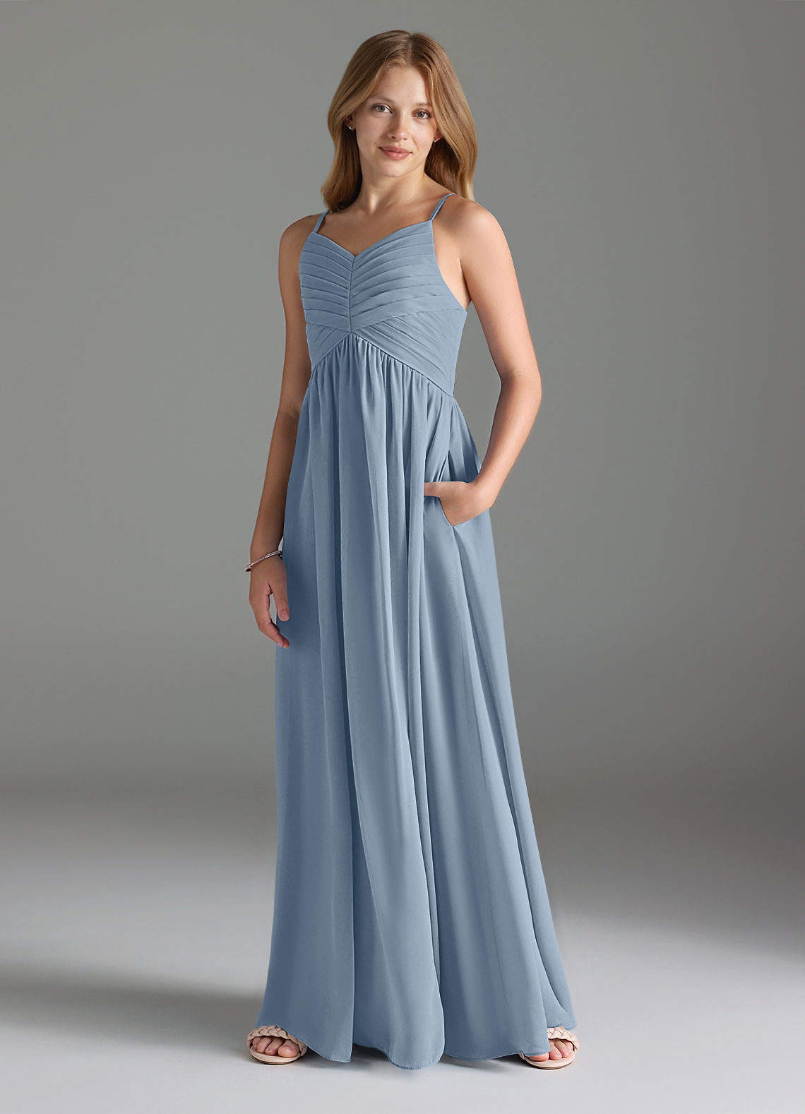 Azazie Alia Junior Dusty Blue A-Line Pleated Chiffon Dress image1