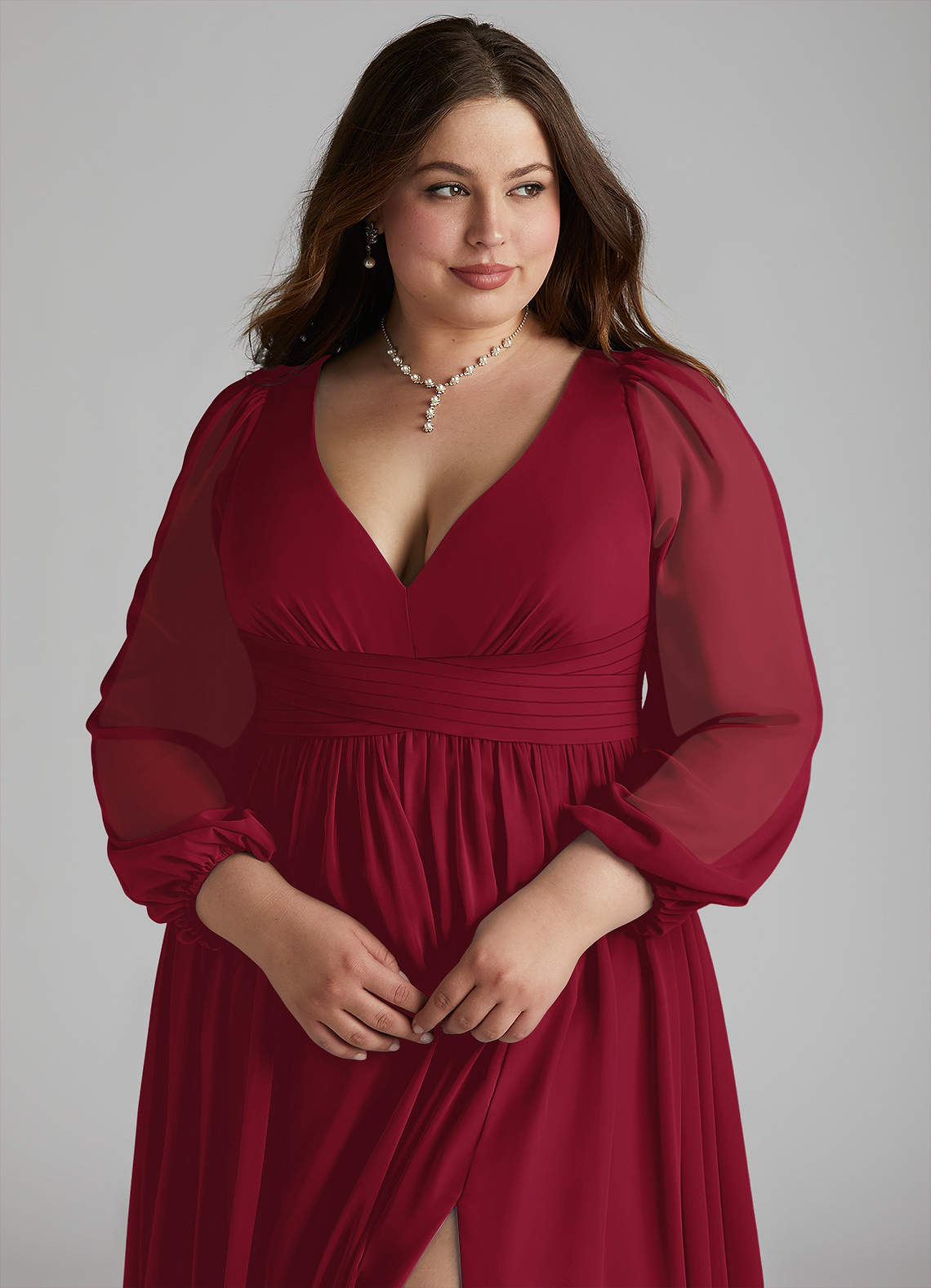 Azazie Norah Bridesmaid Dresses Burgundy A-Line V-Neck Long Sleeve Chiffon Dress image9