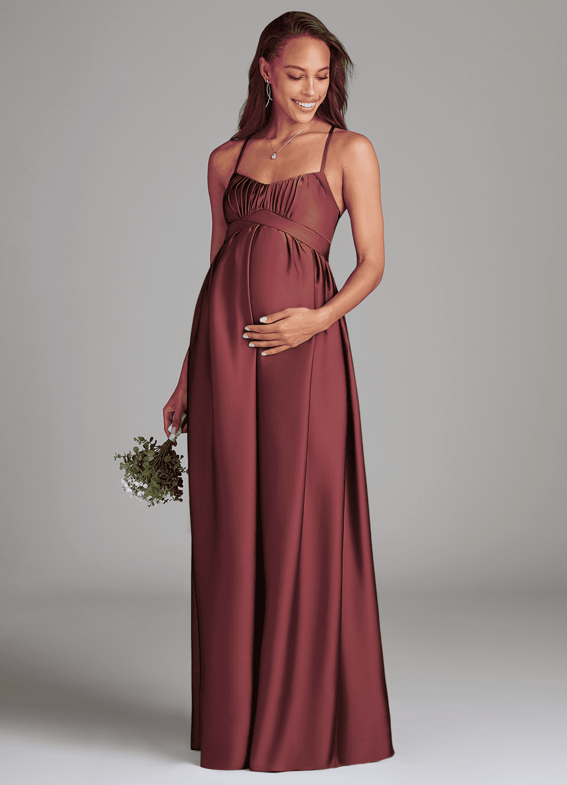 Azazie Llana Gravid brudtärna klänningar Klänning A-Linje med fickor Golvlängd Stretch Satin image1