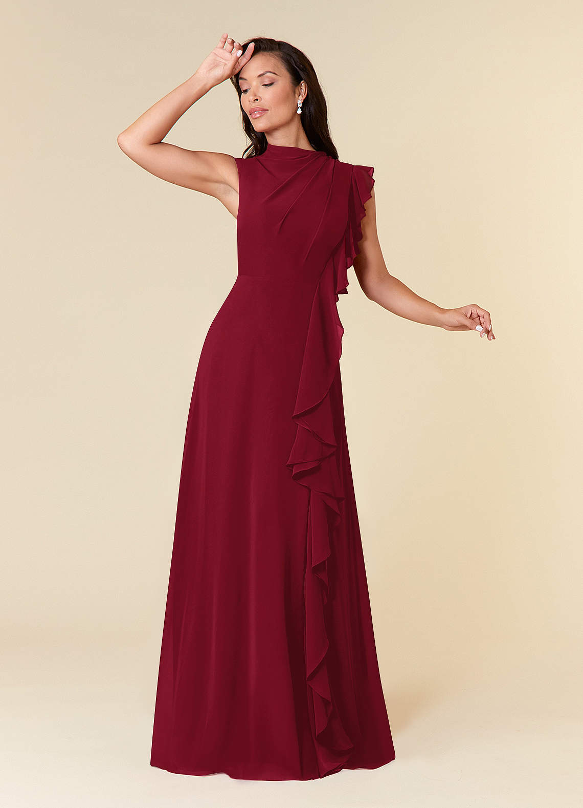 Azazie Narine Mother of the Bride Dresses Burgundy A-Line High Neckline Pleated Chiffon Dress image1