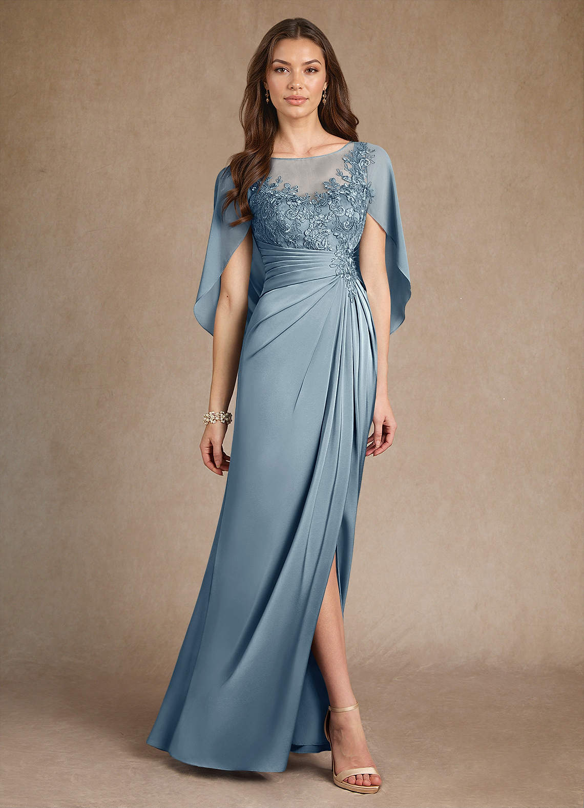 Azazie Hera Mother of the Bride Dresses Dusty Blue A-Line Lace Stretch Satin Dress image3