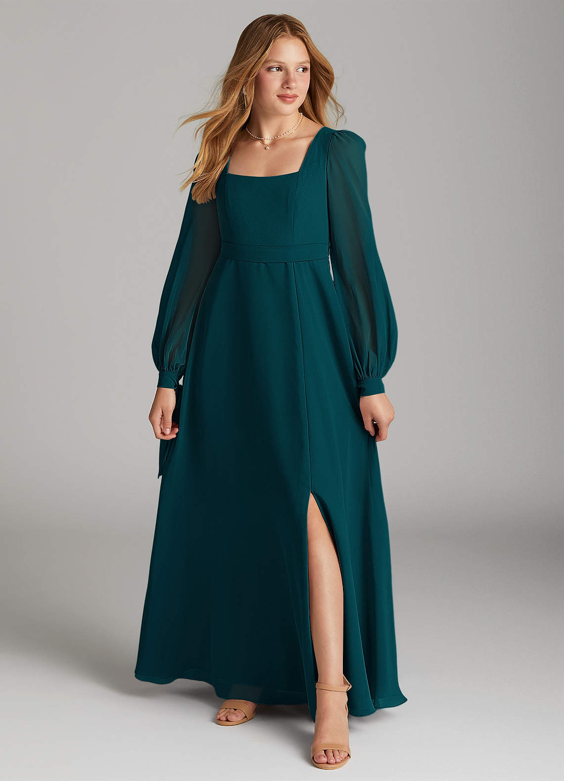 Azazie Leonia Junior Pine A-Line with Pockets Chiffon Dress image1