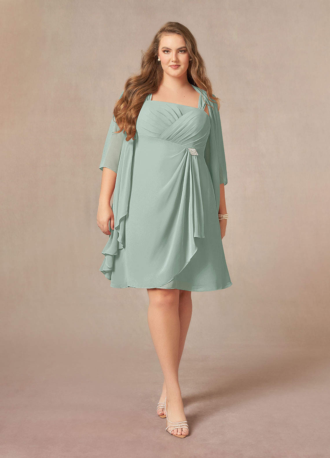 Azazie Olivia Mother of the Bride Dresses Agave A-Line Square Neckline Pleated Chiffon Dress image1