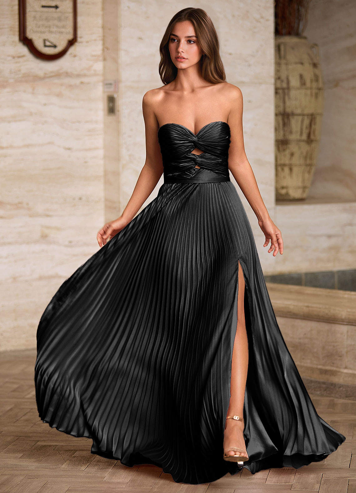 pleated evening dresses Beaded Tube Top Off-Shoulder Pleated Formal Gowns High Slit A-Line Evening  Dress with Gloves main image 1