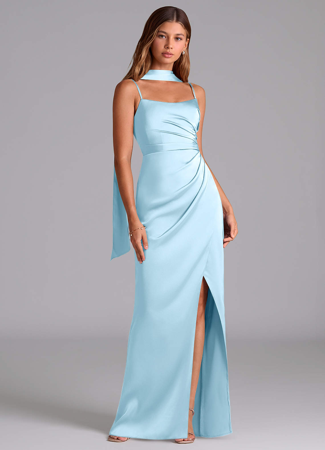 Azazie Calandra Brudtärnklänningar Klä av A-Linje i Stretch Satin Plisserad Himmelsblå image1