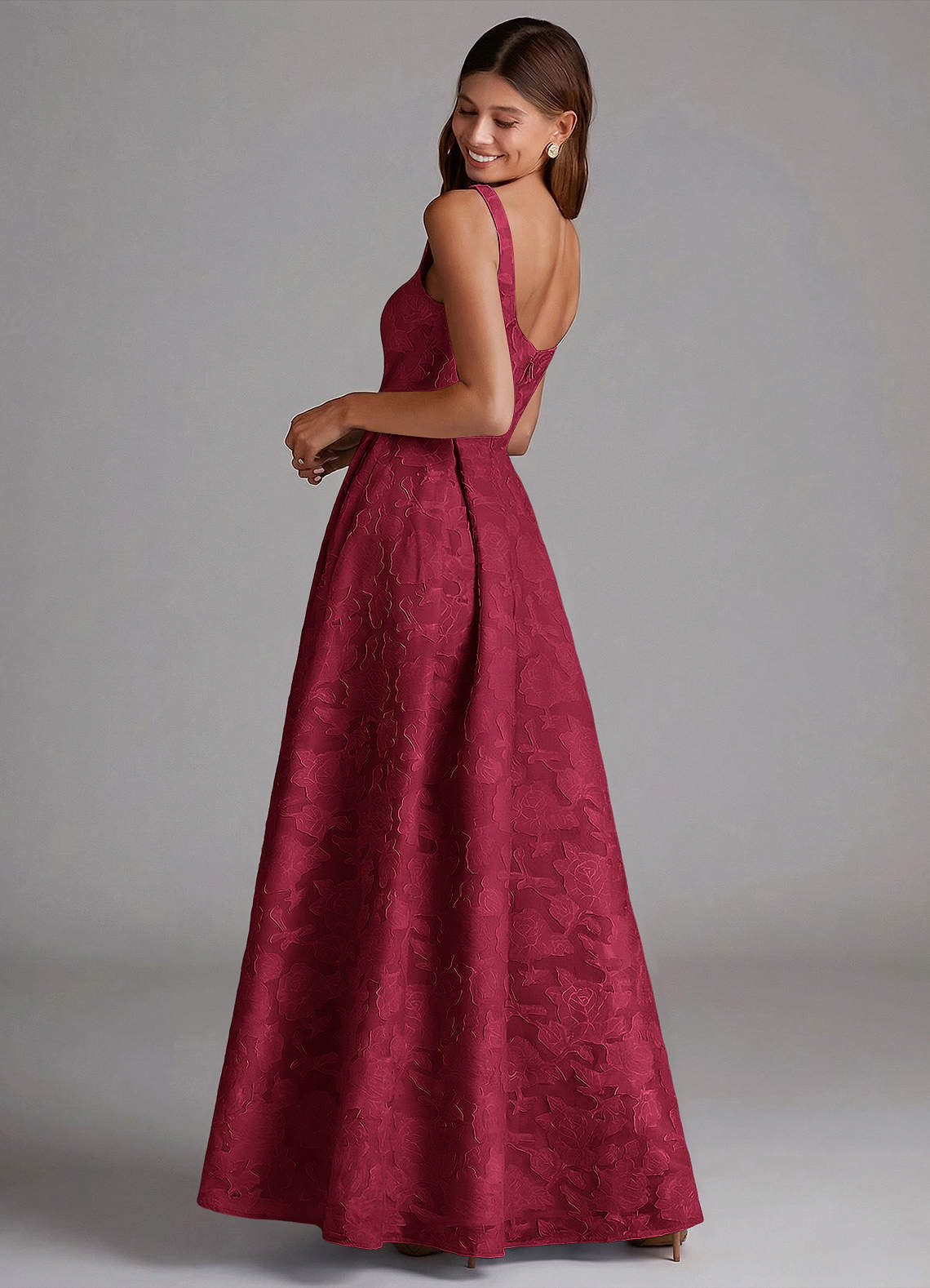 Azazie Amalie Vestidos de madrinha de casamento Vestido Borgonha de Esgotamento Floral de Linha A com Plissado image1
