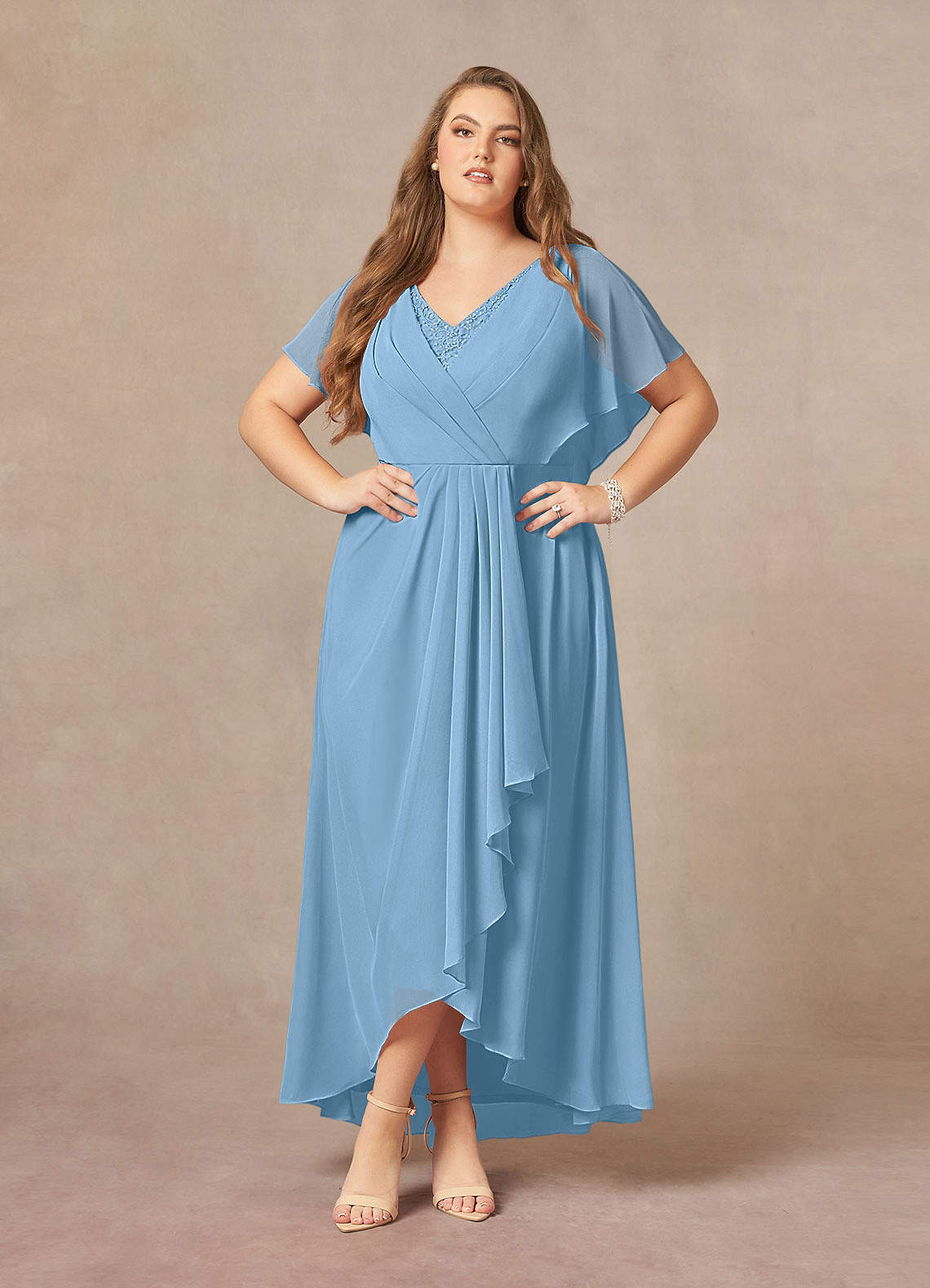 Azazie Eliza Mother of the Bride Dresses Steel Blue A-Line V-Neck Pleated Chiffon Dress image1