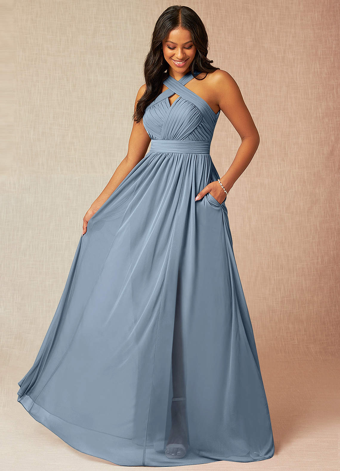 Azazie Hillian At-home Try On Dresses Agave A-Line Halter Pleated Mesh Dress image1