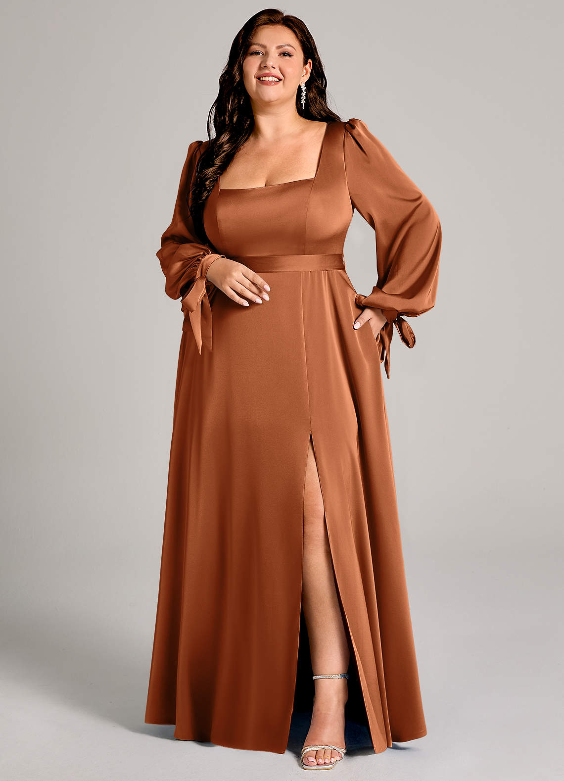 Azazie Leonia Bridesmaid Dresses Copper A-Line Long Sleeve Stretch Satin Dress image1