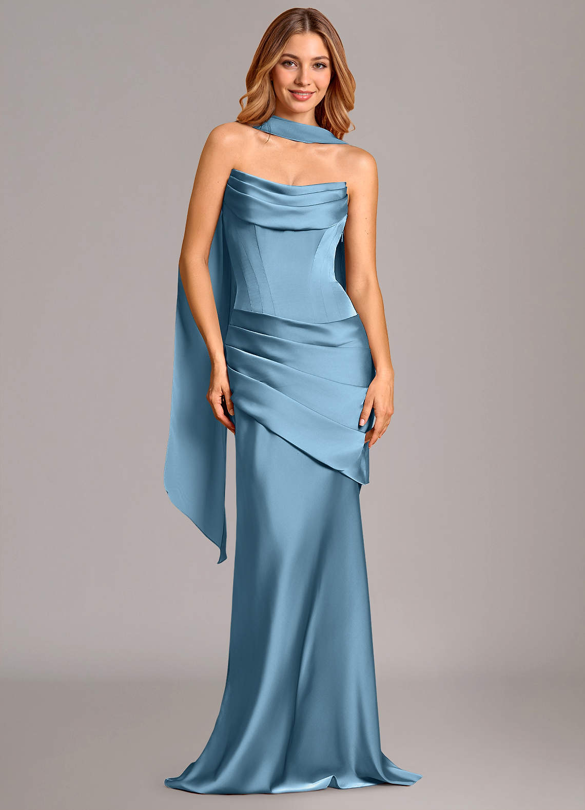 Azazie Pelagia Brautjungfernkleider Wandelbar Meerjungfrau-Linie Korsett Stretch-Satin Kleid Stahlblau image1