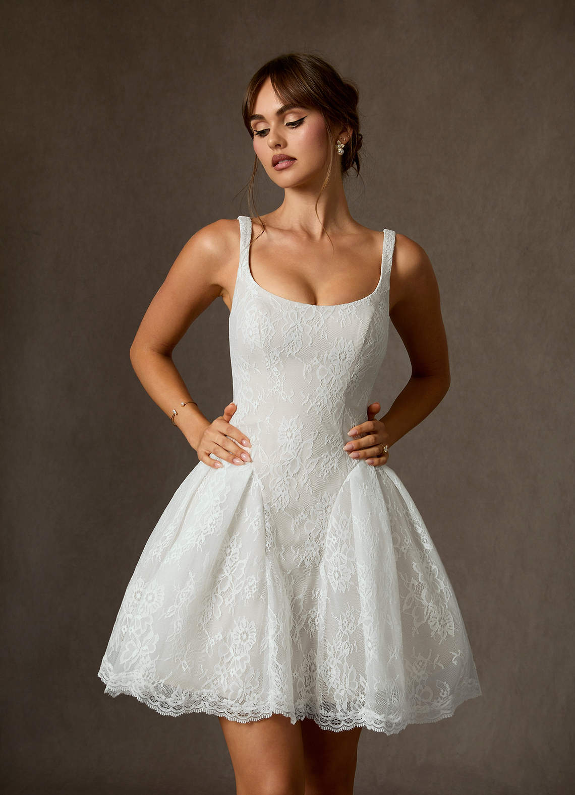 Azazie Dawn At-home Try On Dresses Diamond White A-Line Lace Dress image6