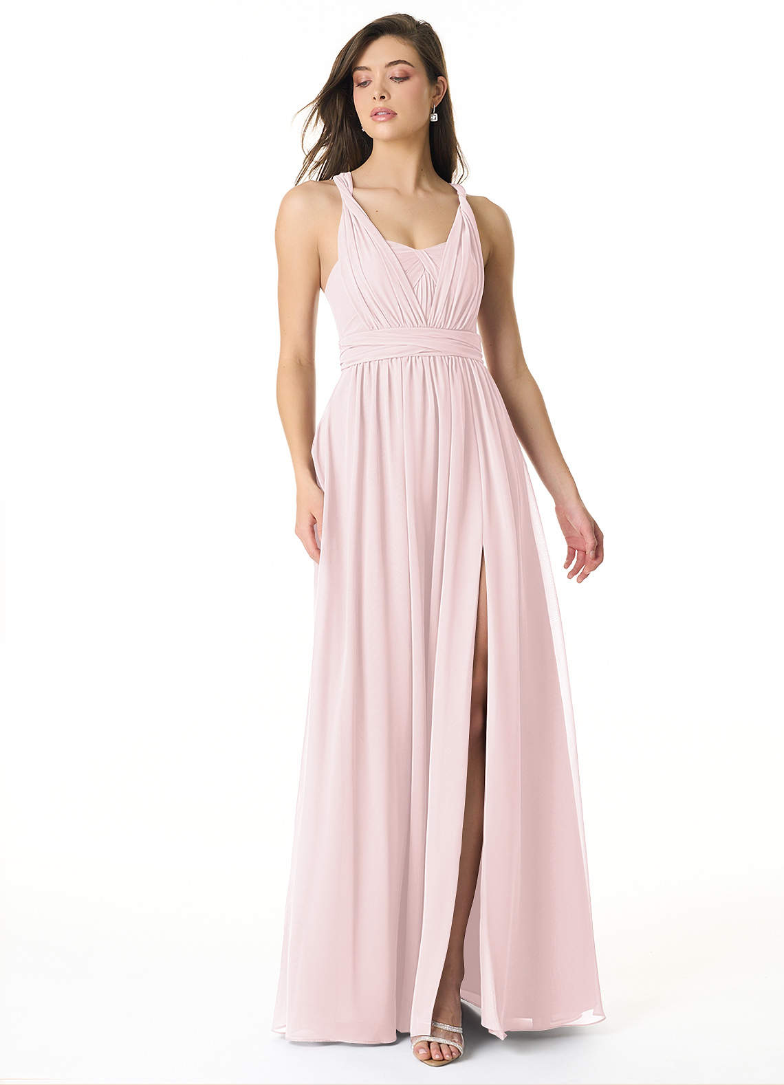 Azazie Olani Robes de demoiselle d'honneur Robe Trapèze Convertible en Mousseline de soie Épaule décolletée Rose Pâle image1