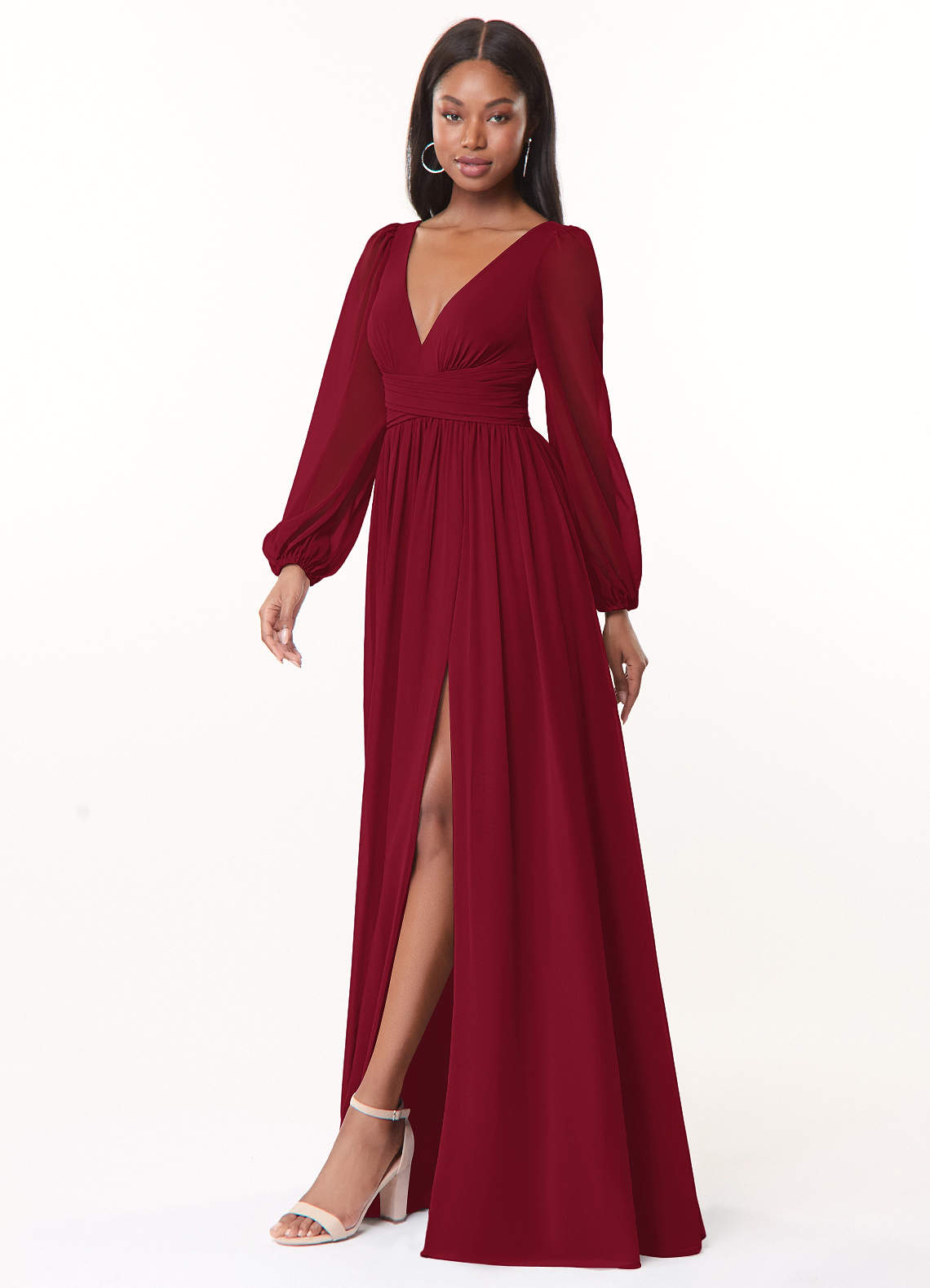 Azazie Norah Bridesmaid Dresses Burgundy A-Line V-Neck Long Sleeve Chiffon Dress image3