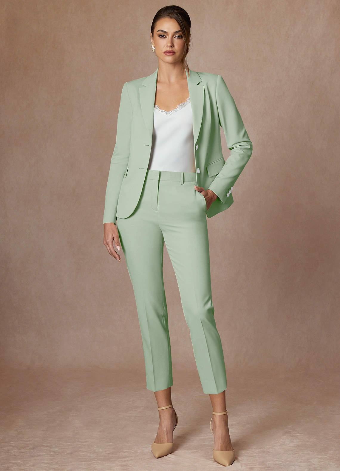front Whitney Dusty Sage Structured Stretch Cropped Pants Suit
