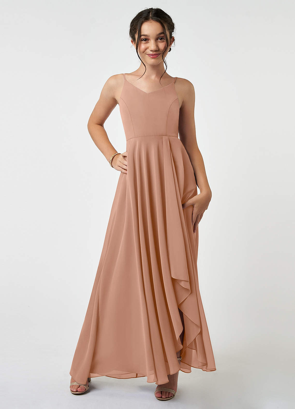 Azazie Collette Junior A-Linie Gestreift Chiffon Kleid Champagner Rosa image1