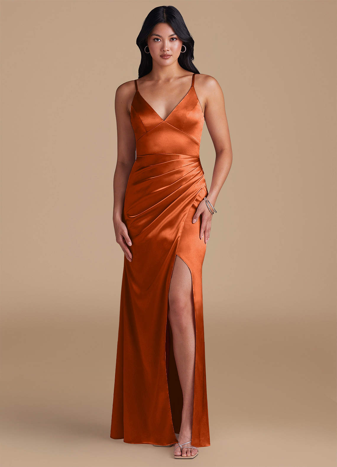 Azazie Shania Bridesmaid Dresses Burnt Orange Sheath Pleated Metallic Satin Dress image1