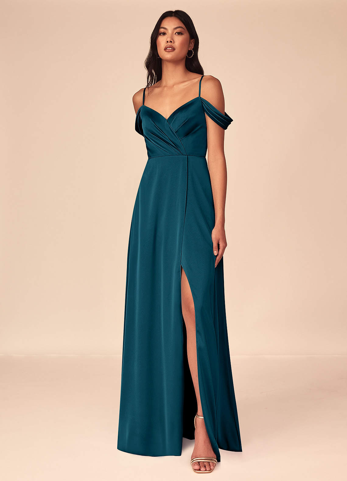Azazie Ocean Bridesmaid Dresses Ink Blue A-Line V-Neck Pleated Stretch Satin Dress image1