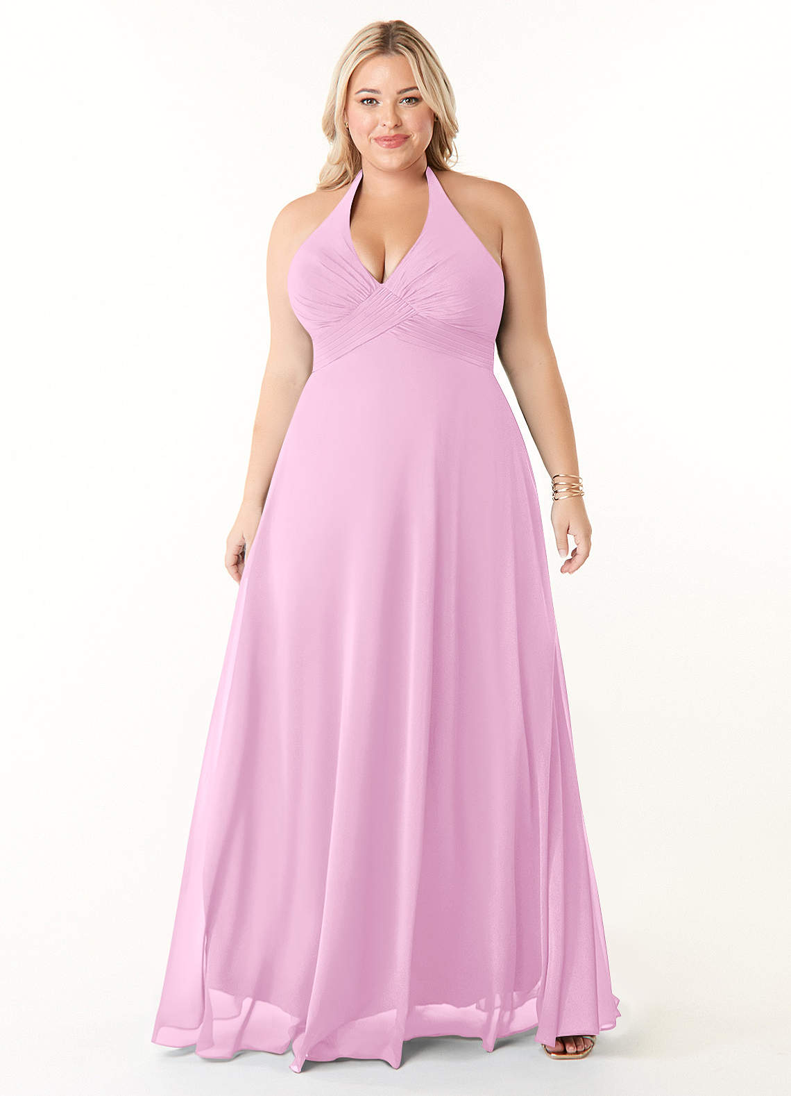 Azazie Tessie Vestidos de damas de honor Vestido de Rosa Caramelo de Gasa de Corte en A con Cuello en V plisado image5