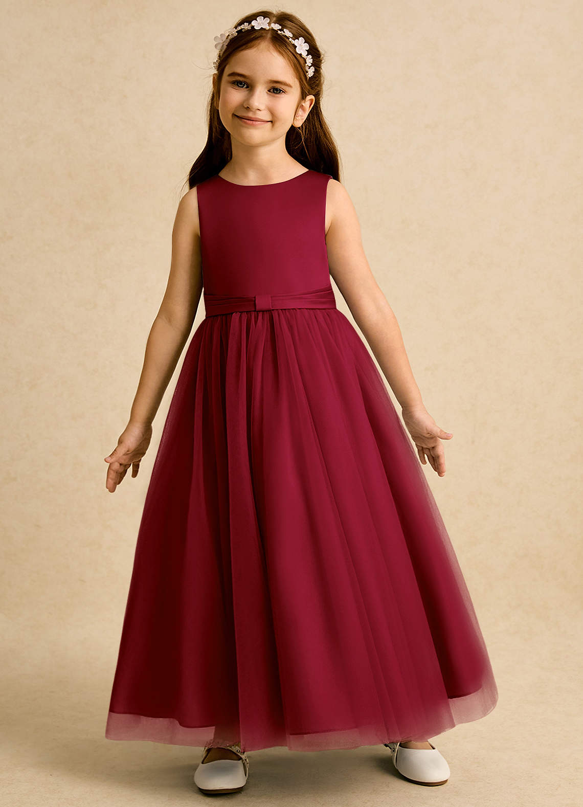 Azazie Lior Flower Girl Dresses Burgundy Ball-Gown Pleated Tulle Dress image3