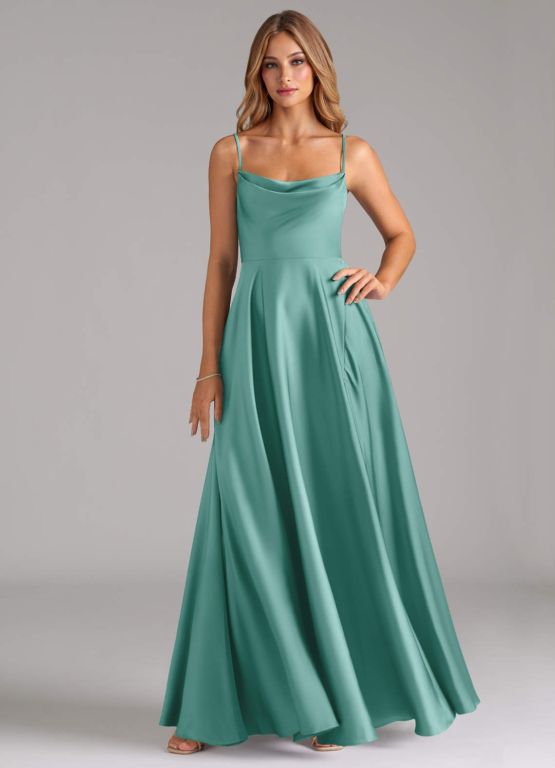 Azazie Elle Brautjungfernkleider A-Linie Plissee Stretch-Satin Kleid Aqua image1