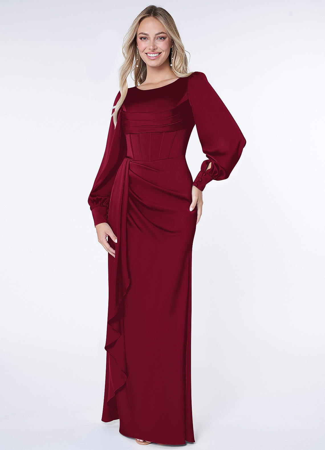 Azazie Raye Bridesmaid Dresses Burgundy Mermaid Long Sleeve Stretch Satin Dress image1