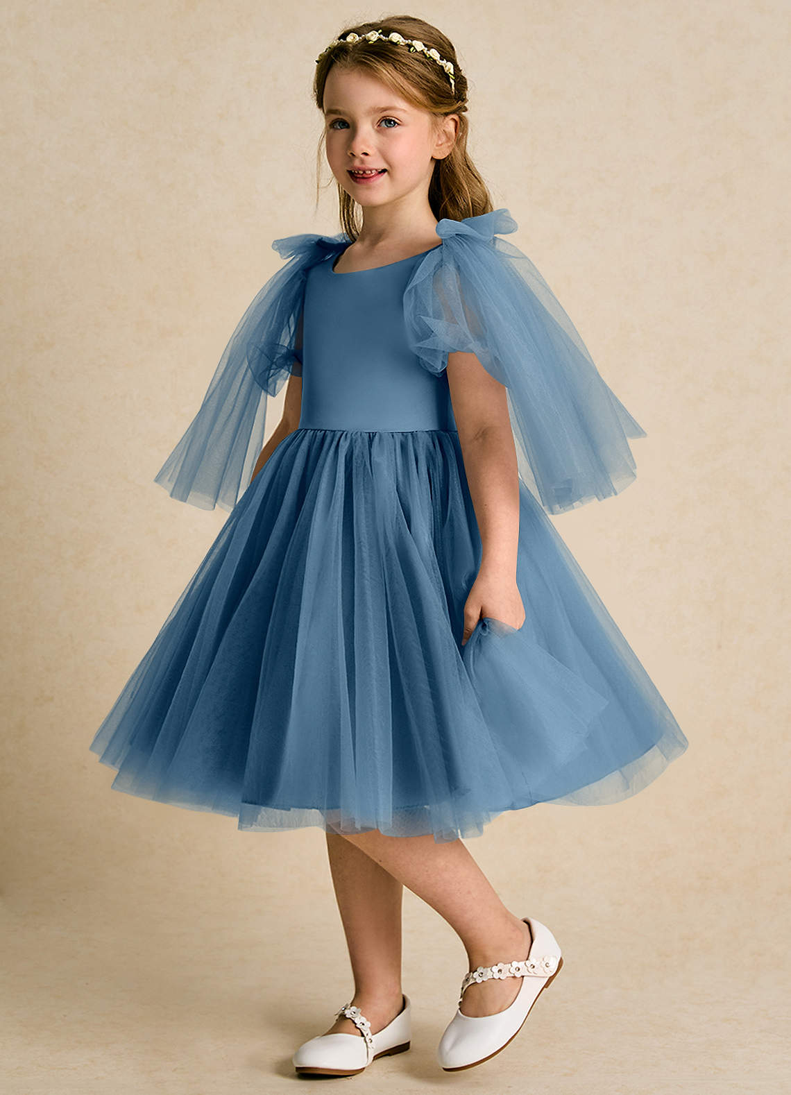 Azazie Duchess Flower Girl Dresses Bermuda A-Line with Sleeves Tulle Dress image1