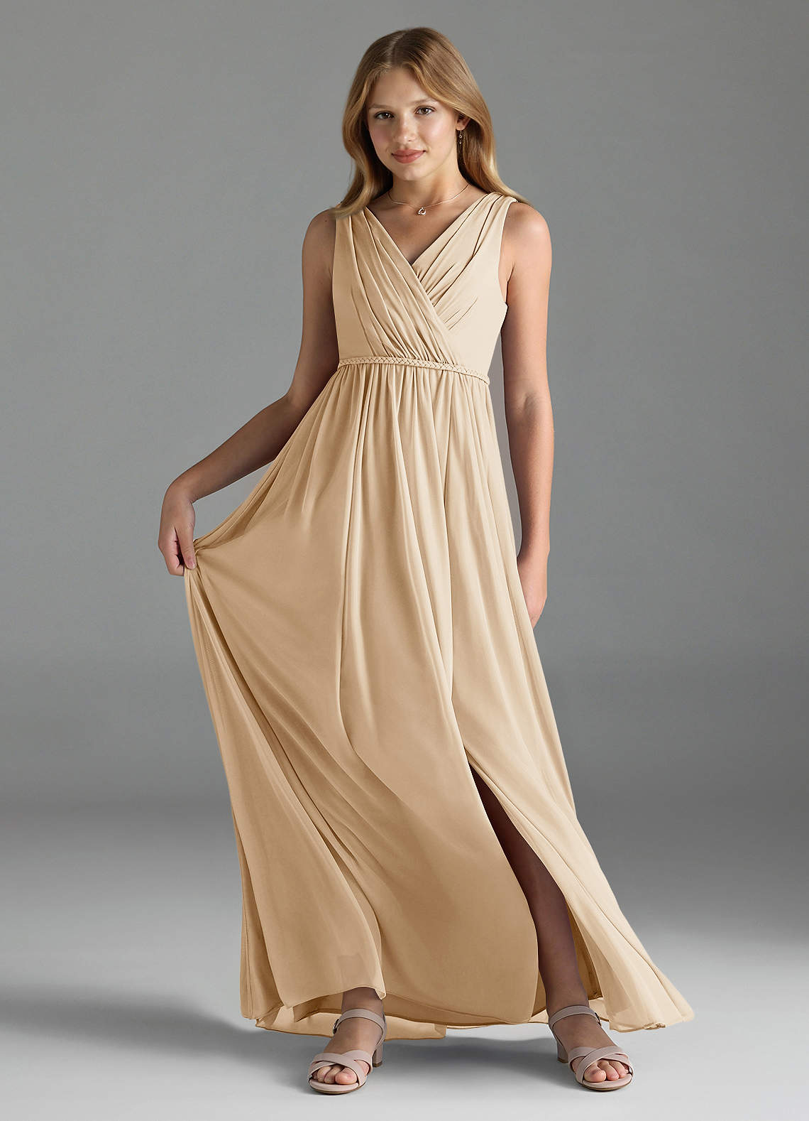 Azazie Tanicia Junior Champagne A-Line Mesh Dress image1