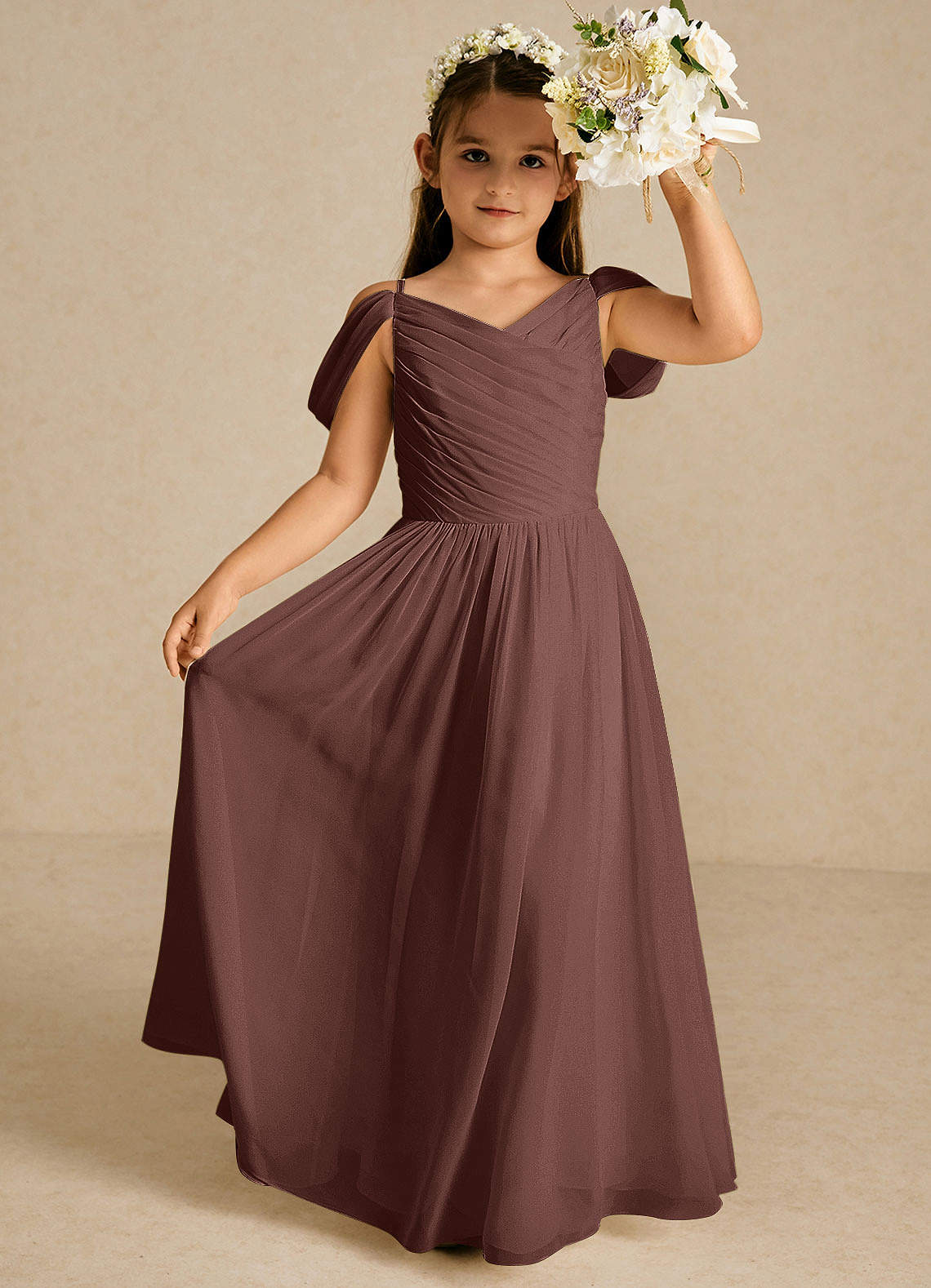 Azazie Chelle Flower Girl Dresses Espresso A-Line Pleated Chiffon Dress image1