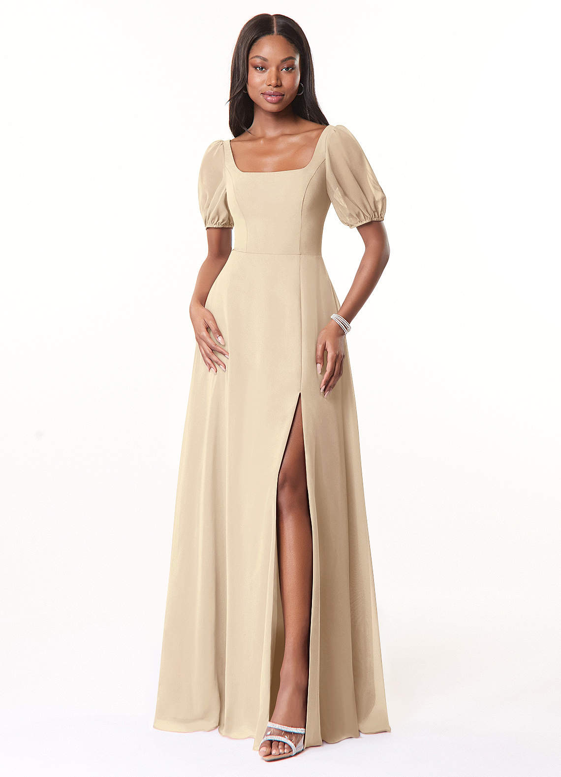 Azazie Alani Robes de demoiselle d'honneur Robe Trapèze en Mousseline de soie Encolure carrée Champagne image1