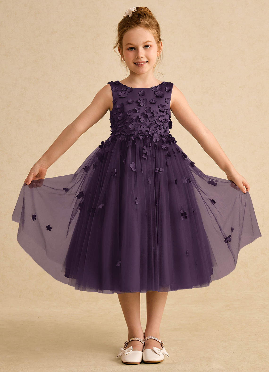 Azazie Lana Flower Girl Dresses Plum A-Line Sleeveless Matte Satin Dress image1