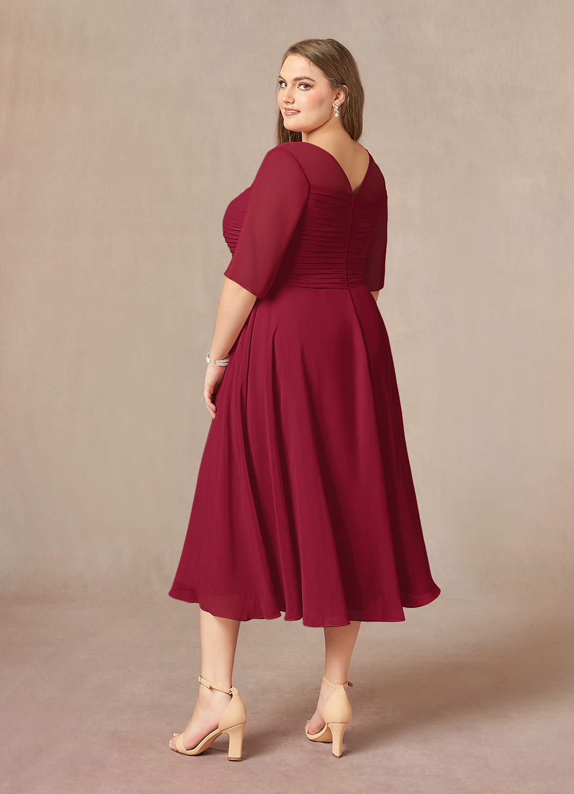 Azazie Naomi At-home Try On Dresses Burgundy A-Line Boatneck Pleated Chiffon Dress image12