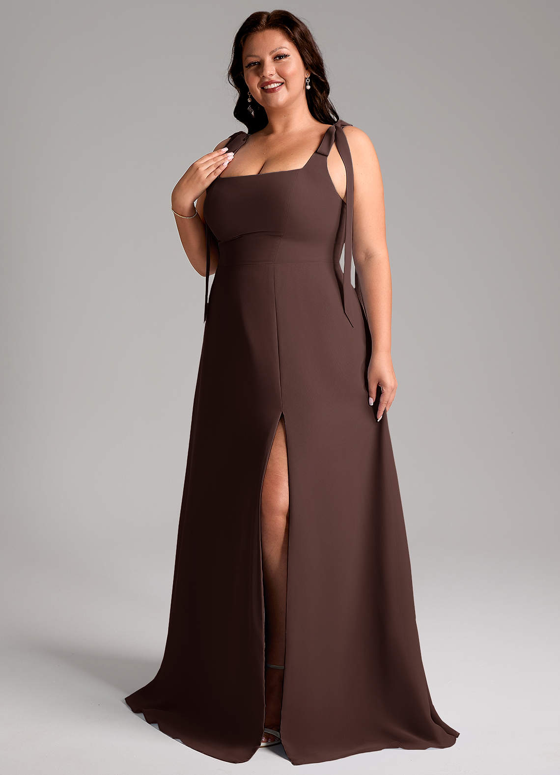 Azazie Debra Bridesmaid Dresses Ganache A-Line with Pockets Chiffon Convertible Dress image3