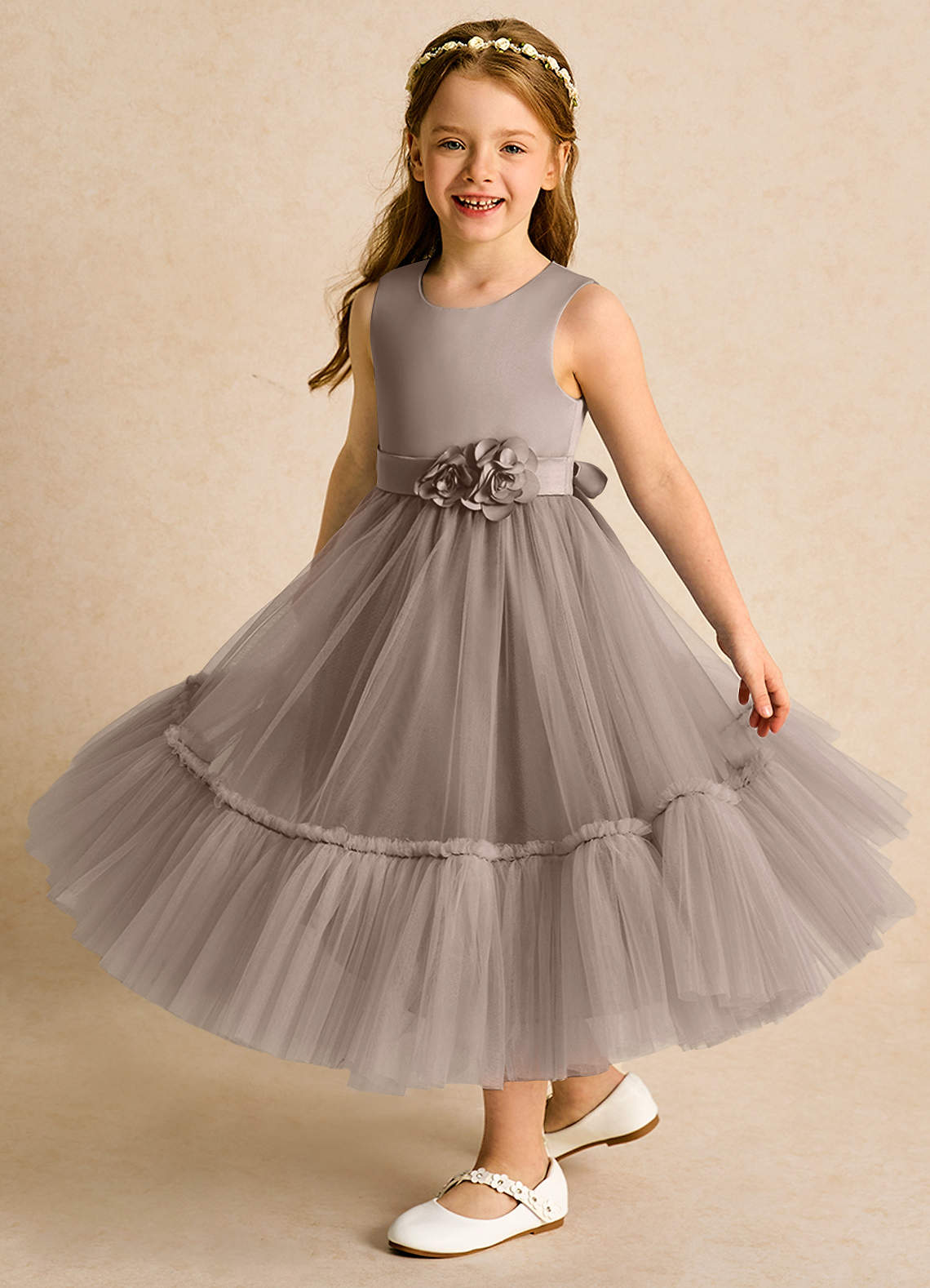 Azazie Miracle vestidos de niña de las flores Vestido de Gris Pardo de Satin Mate de Corte En A con Lazo image3