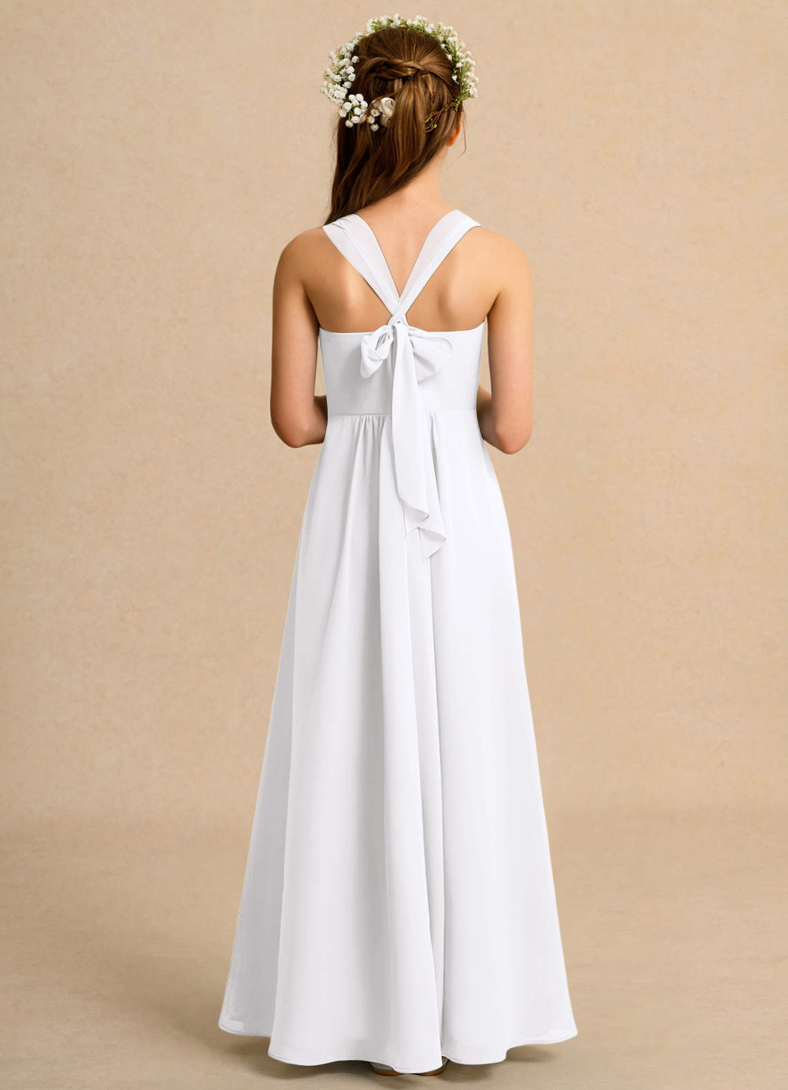 Azazie Tater Girls Formal Robe Demoiselle D'honneur Fillette Robe Trapèze en Mousseline de soie Plissée Blanc image1