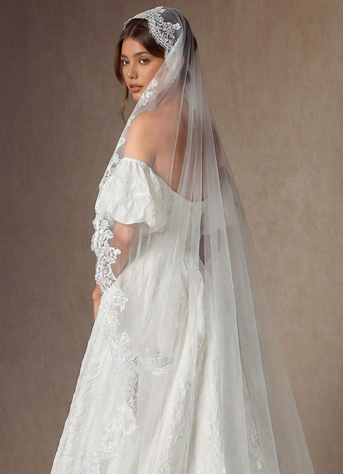 front Scalloped Edge Cathedral Veil with Floral Embroidery