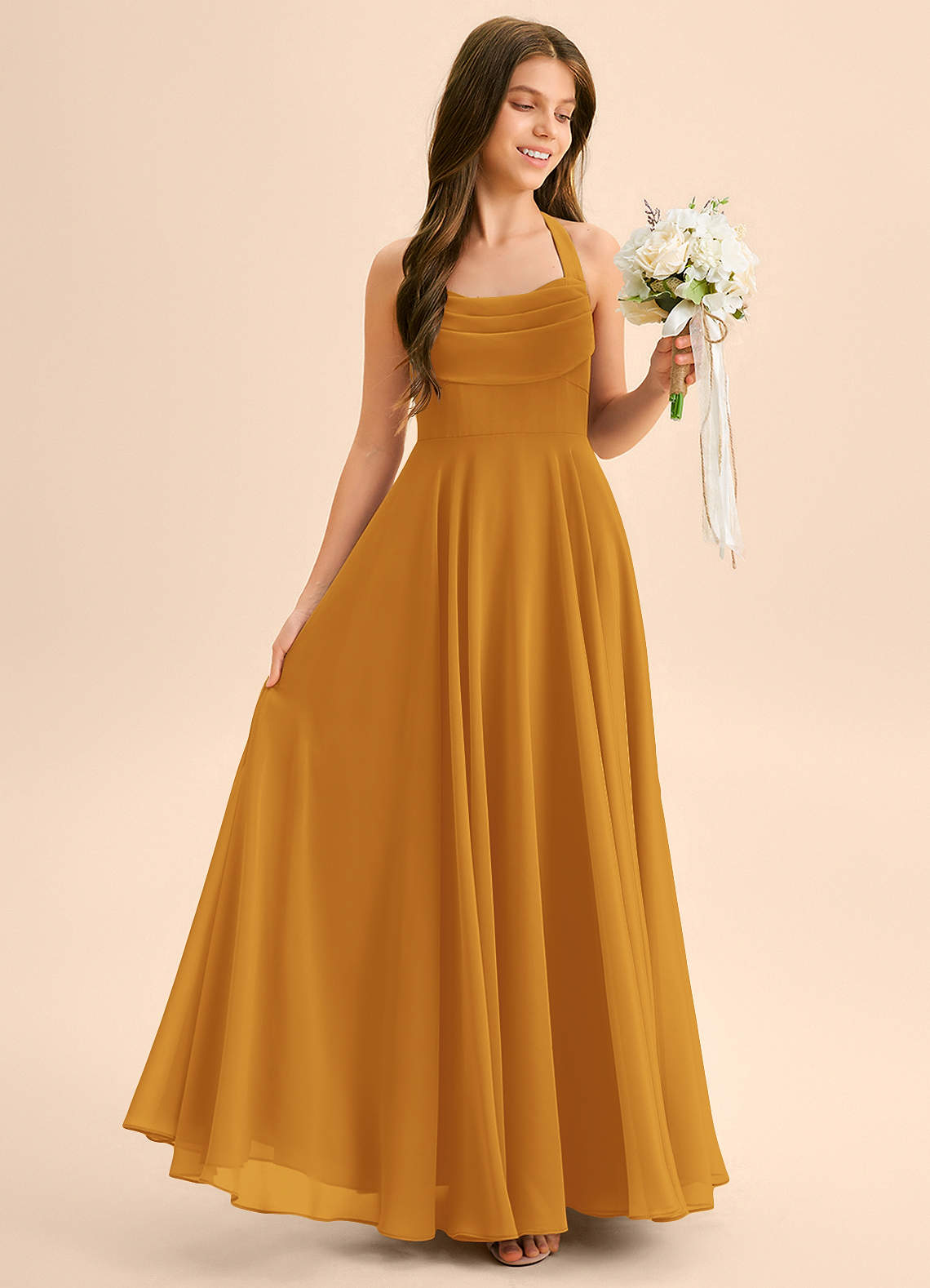 Azazie Kady Junior Vestido Caramelo de Chiffon de Linha A com Decote em coração image4