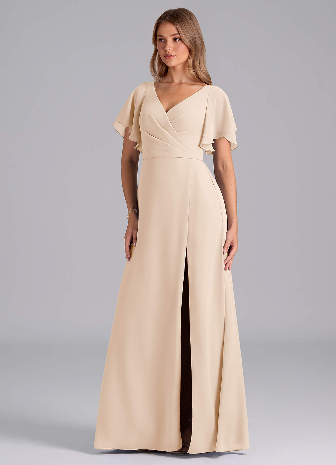 Azazie Ambrosia 신부 들러리 드레스 A라인 주름진 쉬폰 바닥 길이 드레스 image1