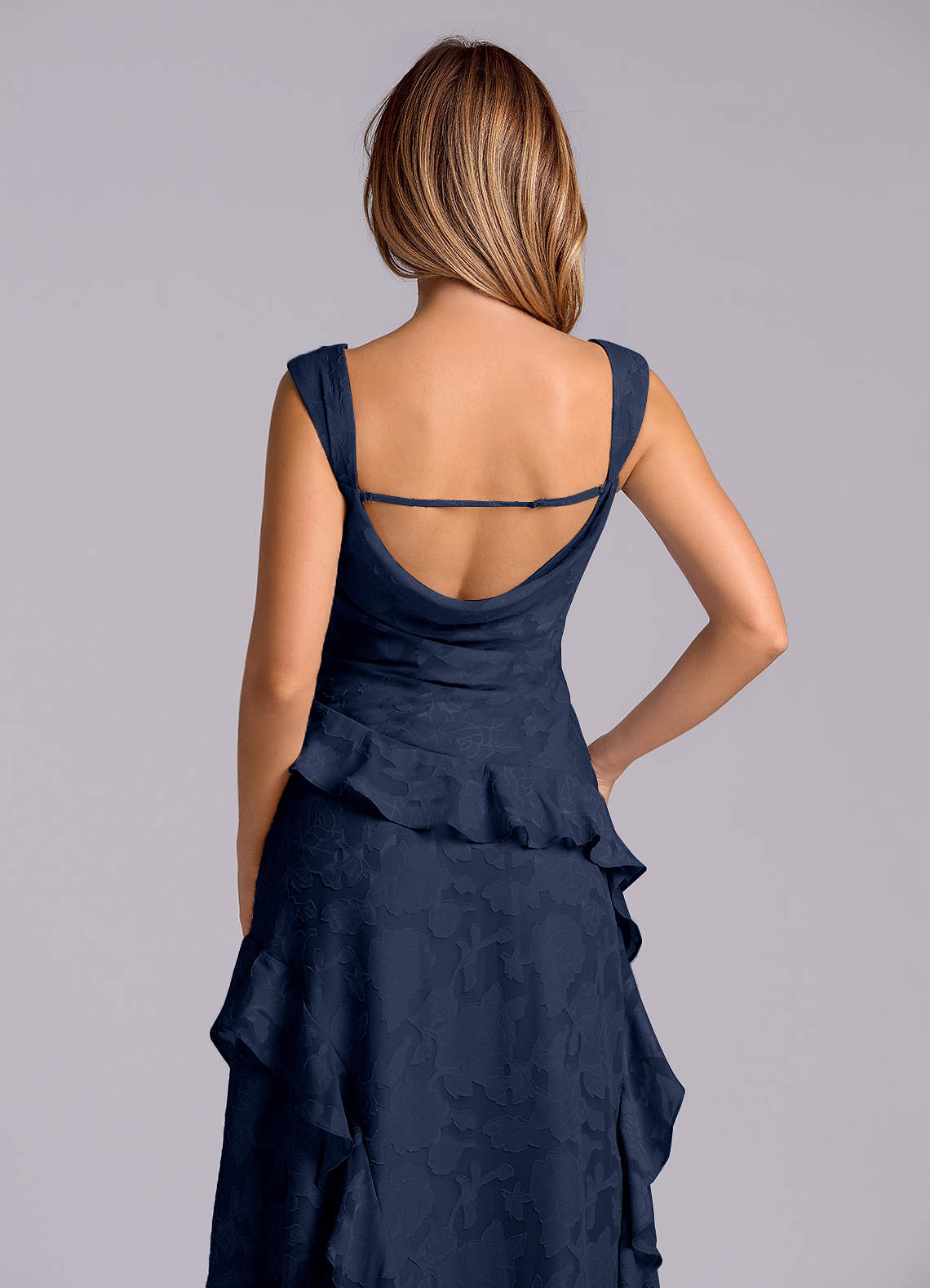 Azazie Sloane At-home Try On Dresses Dark Navy A-Line Sweetheart Neckline Floral Burnout Dress image6