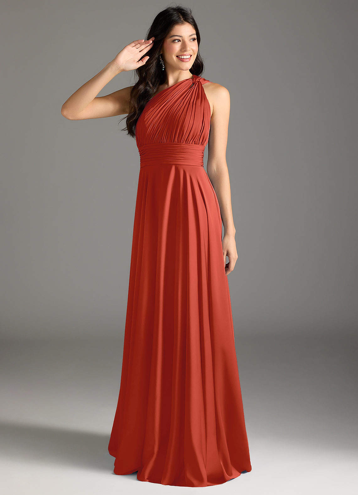 Azazie Charlize Bridesmaid Dresses Rust A-Line One Shoulder Stretch Satin Dress image1