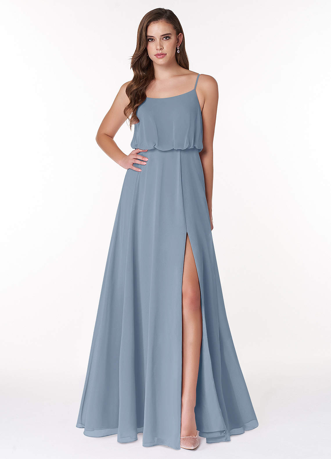 Azazie Lupe Abiti da Damigella Abito A-Line in Chiffon Blouson con Scollo a U Blu Polveroso image1